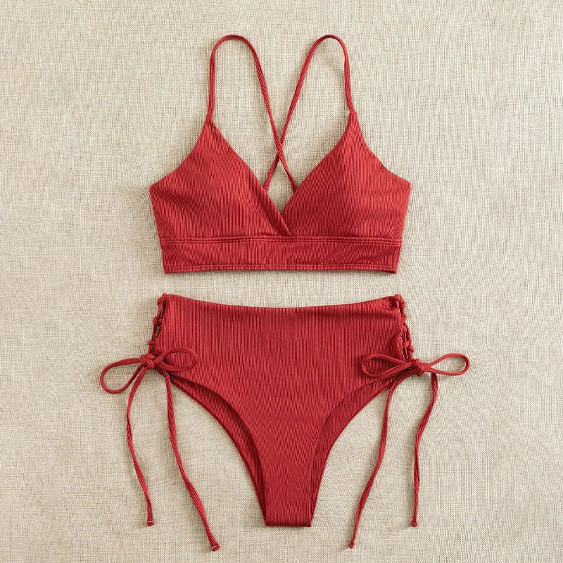 CikiniVNeck Split Bikini Set for Women Sexy Swimsuit Lace Up Triangular Bikinis Solid Color Beach Swimwear Bathing Suit 250212
