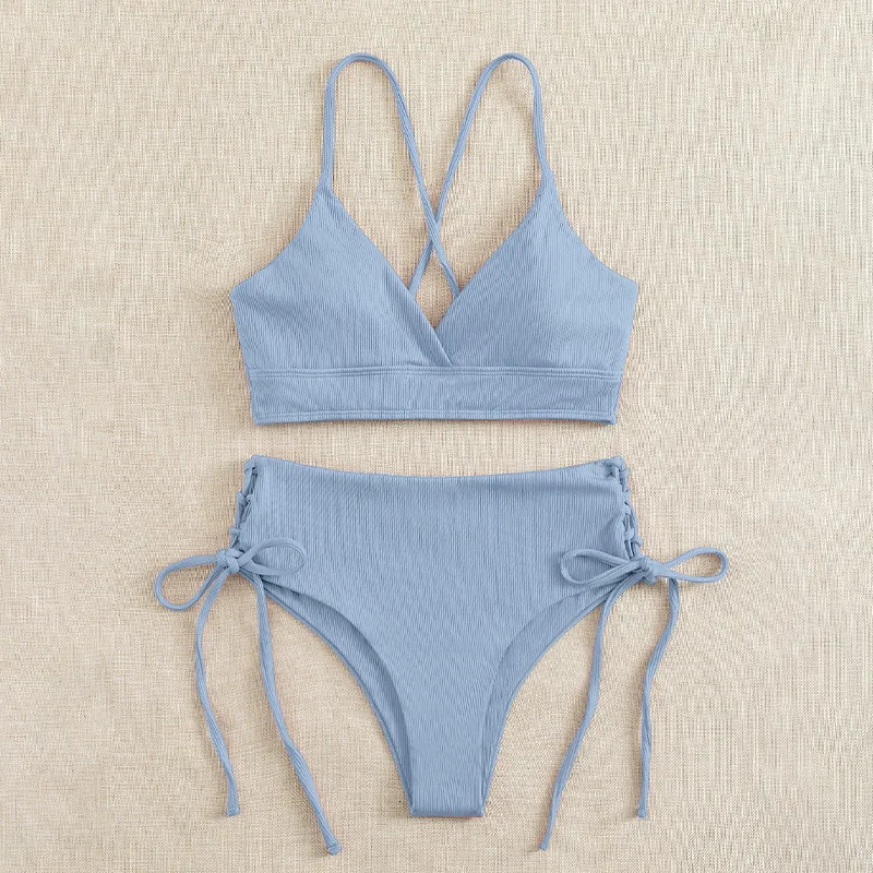 CikiniVNeck Split Bikini Set for Women Sexy Swimsuit Lace Up Triangular Bikinis Solid Color Beach Swimwear Bathing Suit 250212