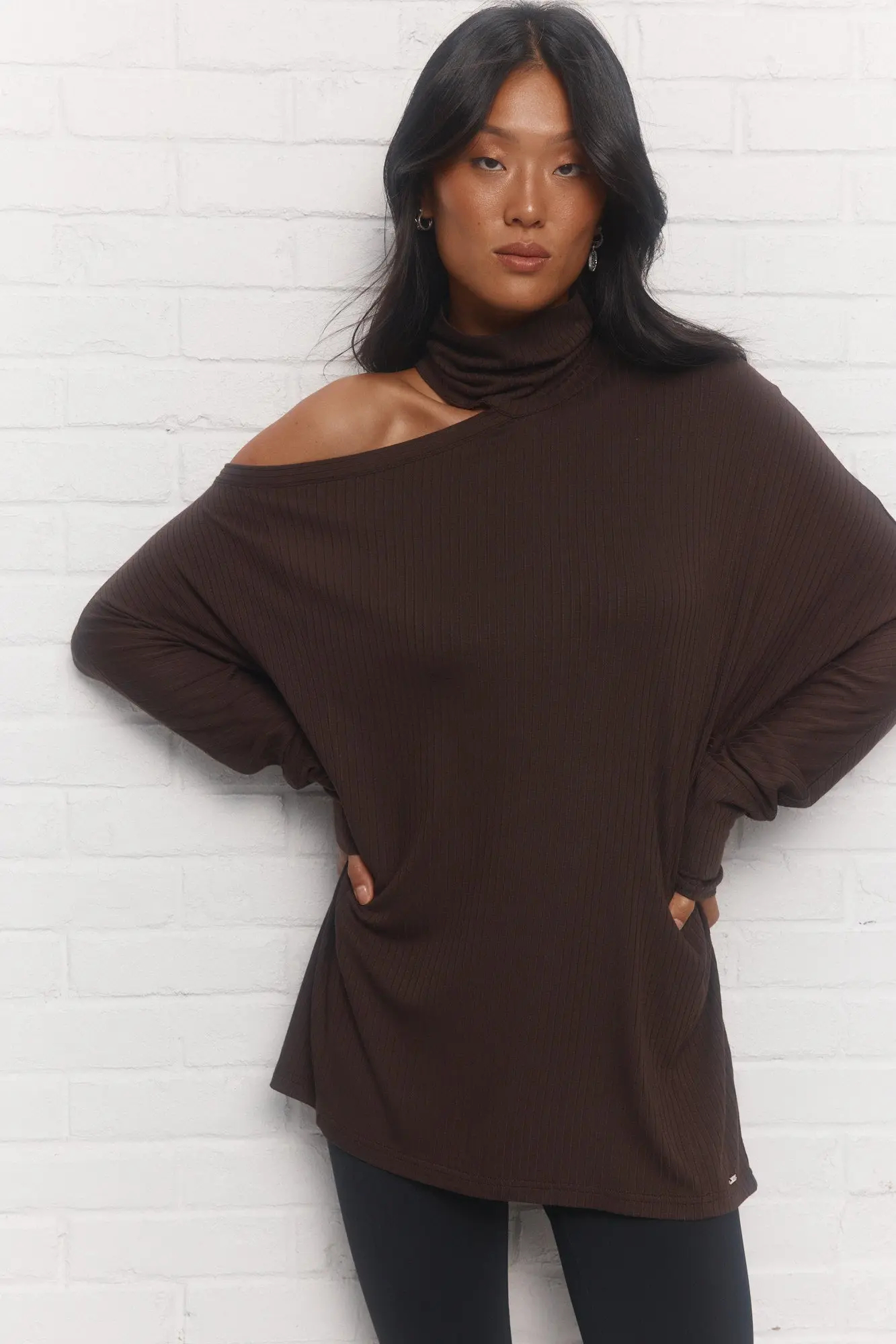 Stylish Ribbed Stretch Fabric Dark Brown High collar Sweater Top with asymmetrical shoulder opening