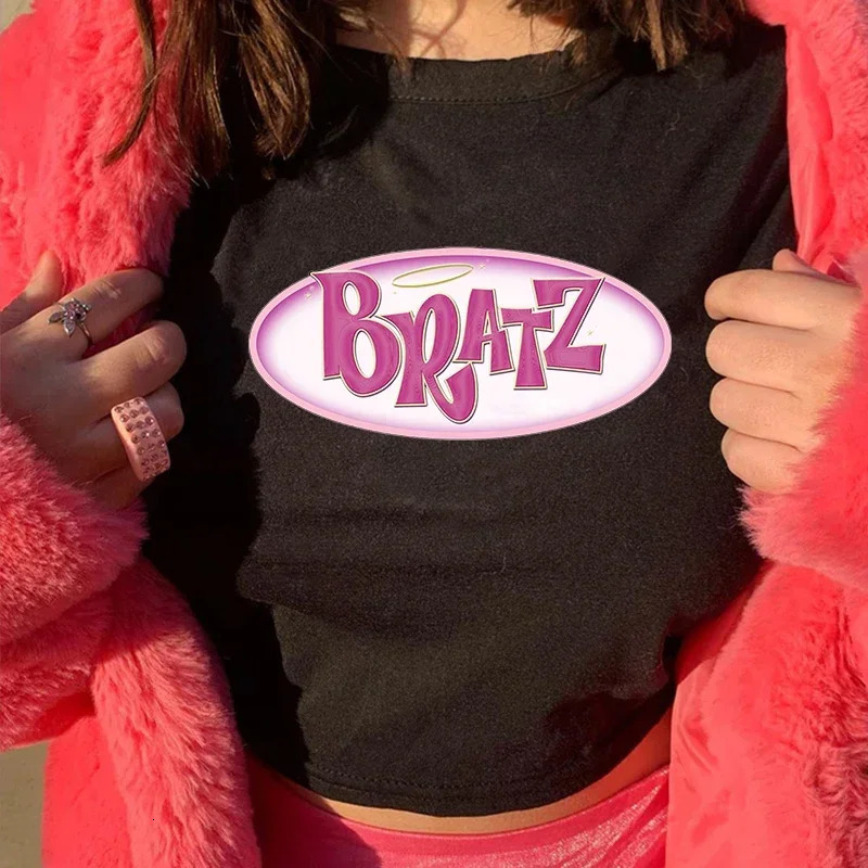Streetwear 90s Summer Y2k Womens Clothing Bratz Letter Printing Black Crop Tops Oneck Vintage Casual Short Sleeve Tshirts 250214