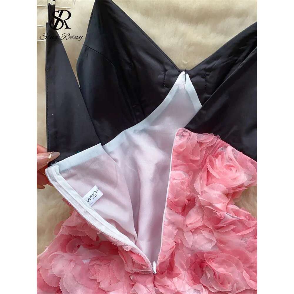SINGREINY Elegant Evening Party Ladies V Neck Beading Sleeveless Sundress Rose Splice Chic Long Spaghetti Strap Dress