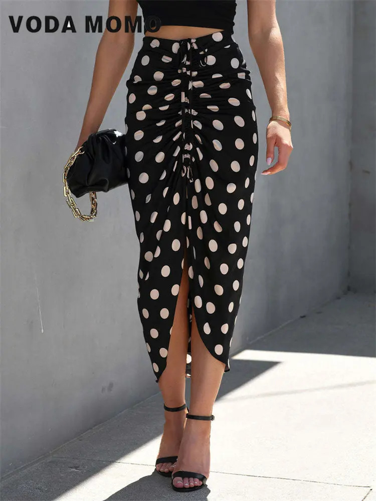 Summer Charm High Waist Split Midi Skirt Slim Party Bodycon Polk Dot Drawstring Casual Sexy Irregular 250220