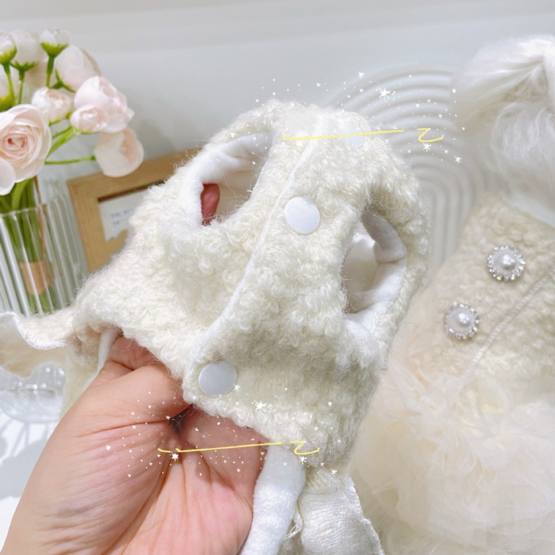 Wool Material Dog Dresses with Lace Border and Flower Puppy Tutu Skirt, Winter Girl Dog Clothes Costumes for Yorkshire, Teddy and Small Breeds XXS D8