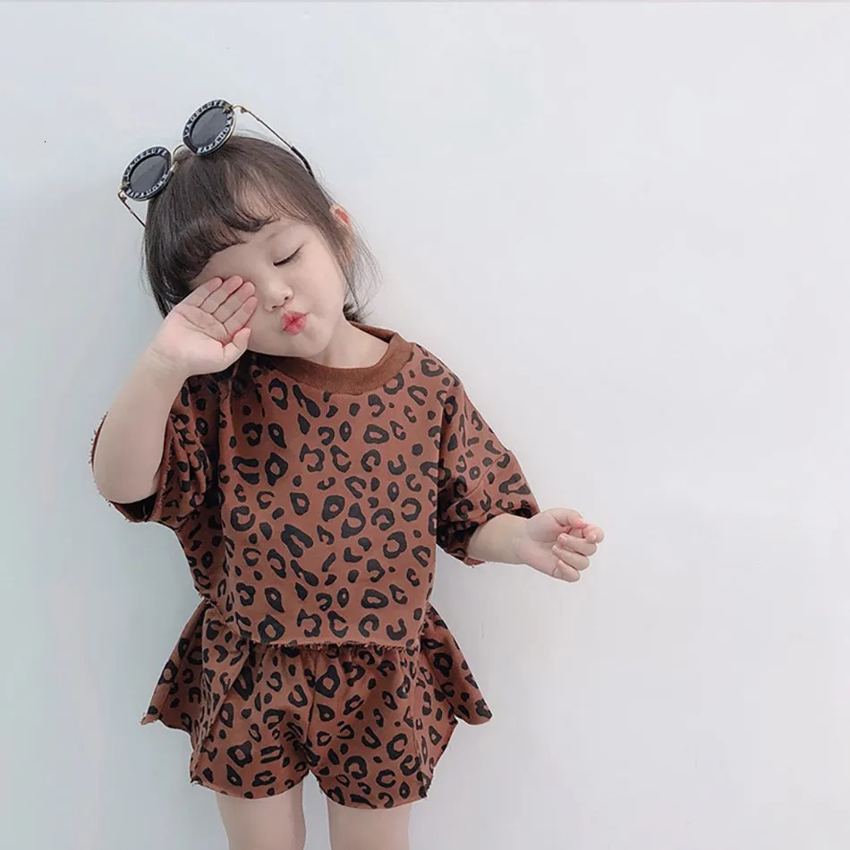 Baby Outfit Kids Summer Korean Tops and Bottoms Children 2 Pcs Suit Girls Casual Clothing Set Leopard Short T Shirt Shorts 250219