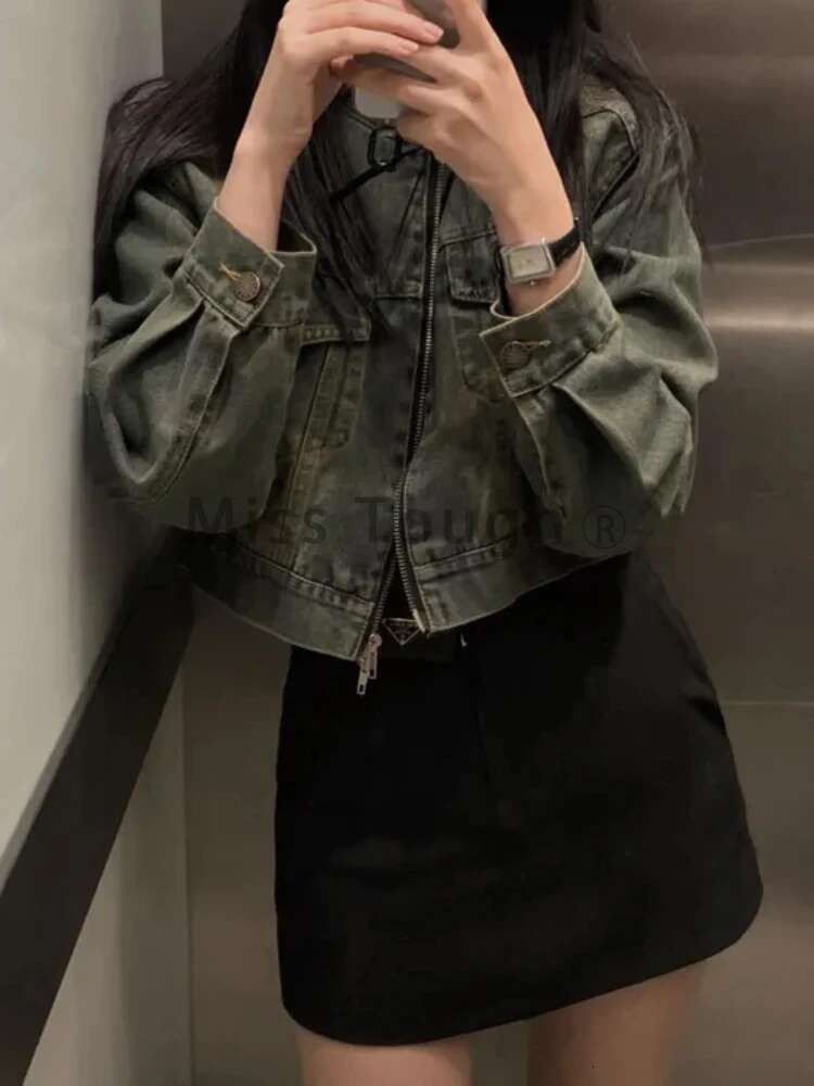 AI.Fashion Stand Collar Y2k Denim Zipper Slim Vintage Coats Women Elegant Streetwear Short Jackets Female Ladies
