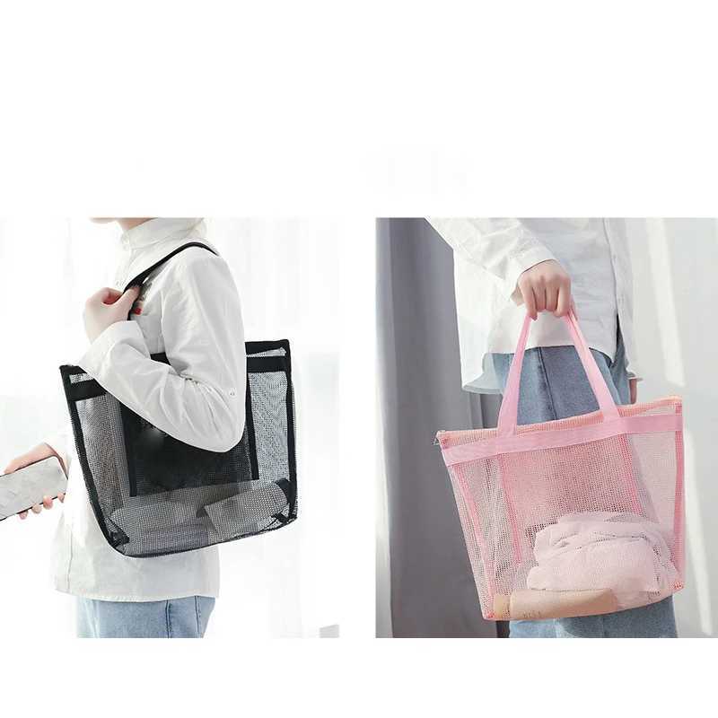 Women Clear Mesh Transparent Bag Large Capacity Travel Summer Beach Shoulder Bags Female Casual Solid Color Holiday Tote Bags Z250219