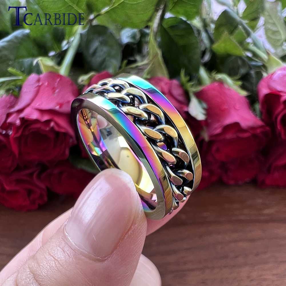 Dropsing 8mm Fantasy Color Stainless Steel Rotating Ring Wens Mens Fashion Jewelry With Chain Inlay Cfort Fit X250220