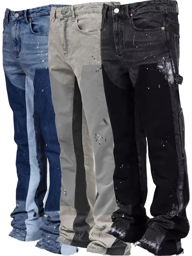 Y2k Jeans Men Painting Patch Baggy Stacked Fashion Work Wear Stretch Denim Flare Pants 250219