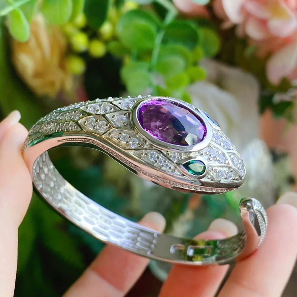 Silver Serpentine Bracelet Womens Fashion Inlaid Amethyst Open Cuff Bracelet Wholesale Jewelry 250220