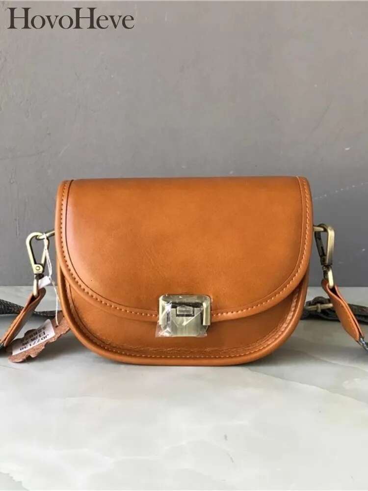 Retro Design Hasp Cowskin Saddle Women Wide Strap Single Shoulder Crossbody Bag Office Ladies Solid Genuine Leather Bags