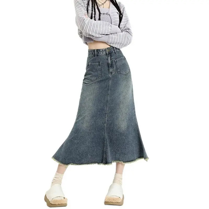 Womens high waisted retro denim leather niche n fishtail skirt medium long Aline 250220