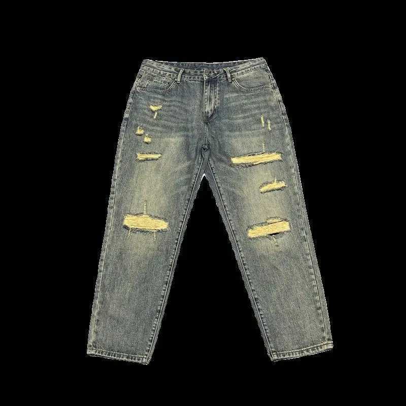 Washed Retro Distressed Patched Jeans Mens Loose Pants High Street Style X250220