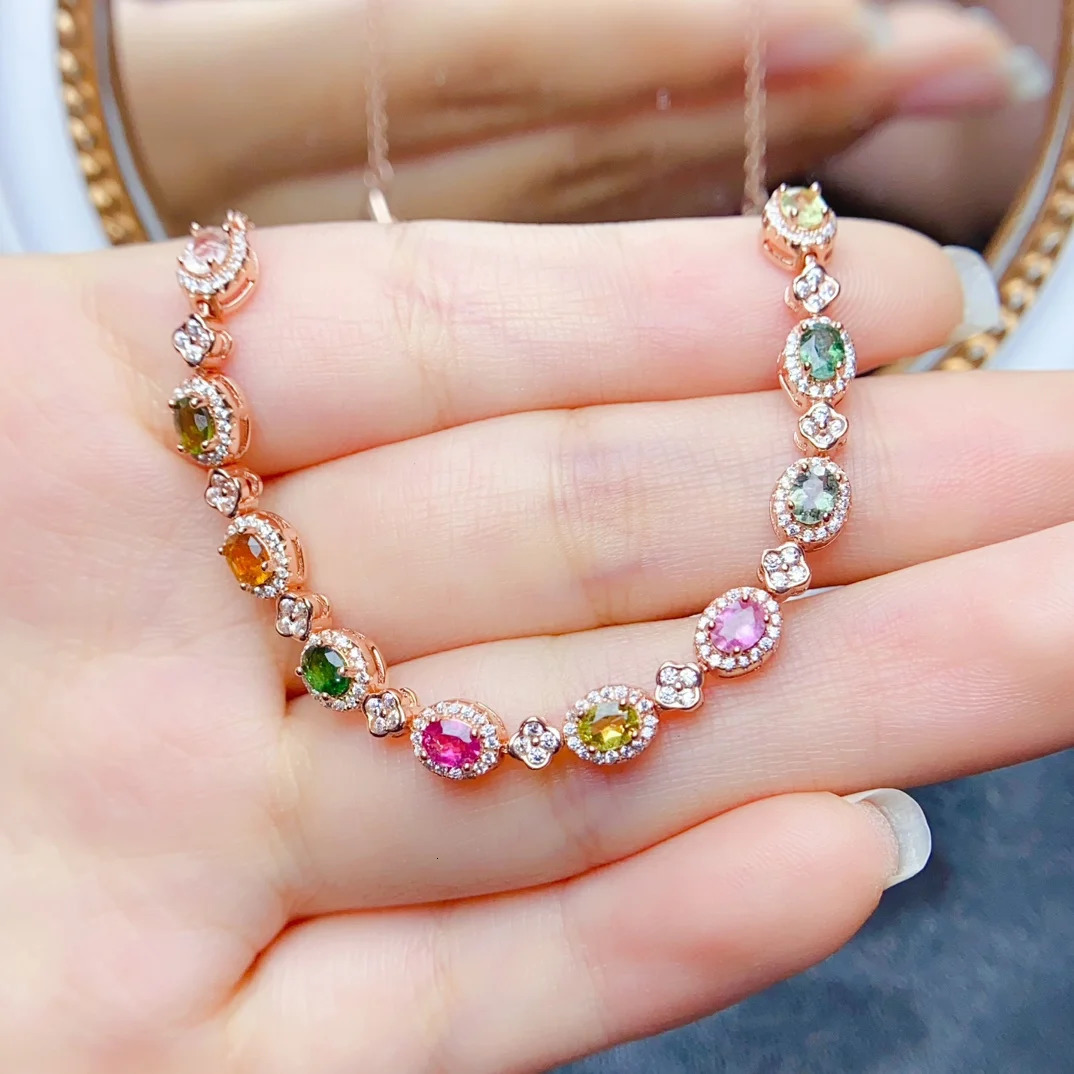 FS S925 Sterling Silver Inlay 34mm Natural Tourmaline Bracelet With Certificate Fine Charm Weddings Jewelry for Women MeiBaPJ 250213