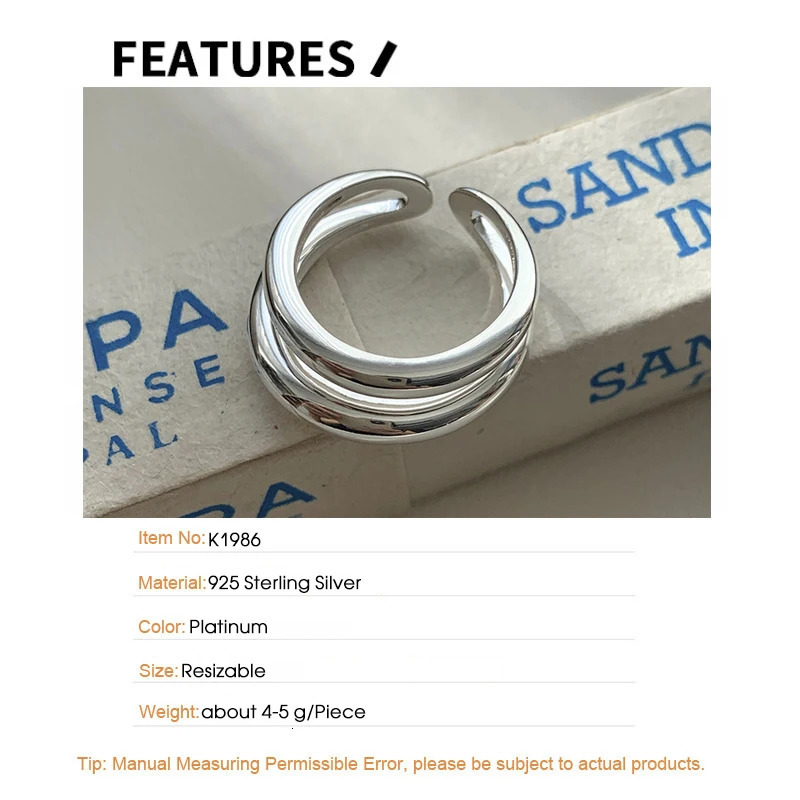 F.I.N.S Minimalist S925 Sterling Silver Double Layer Glossy Plain Ring Fashion Open Resizable Index Mid Finger Fine Jewelry Gift 250213