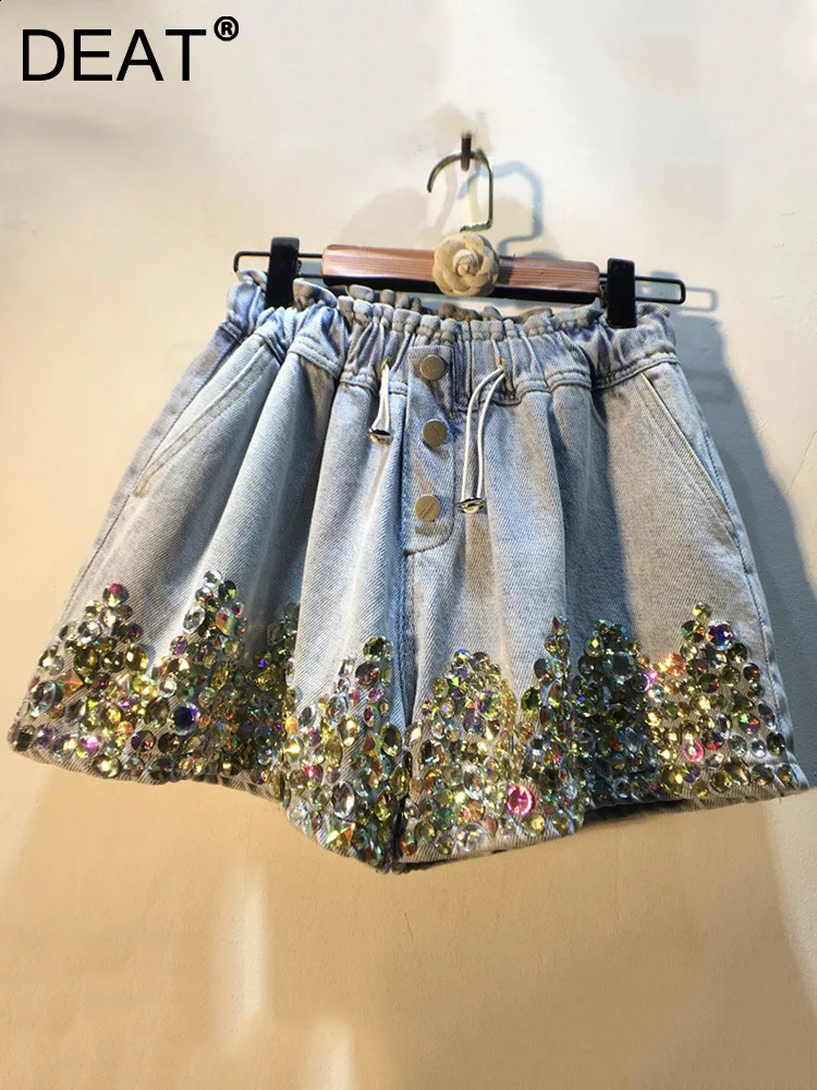 DEAT Womens Denim Shorts Rhinestone Drawstring High Waist Loose Solid Color Wide Leg Short Jeans 2025 Spring Fashion 29L95 250217