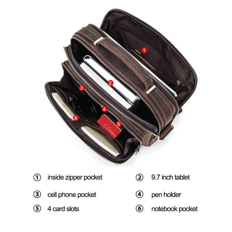 Crazy Horse Messenger Bag, Vintage Large Capacity Crossbody Shoulder Bag Men Retro Male Leather Handbags For Tr