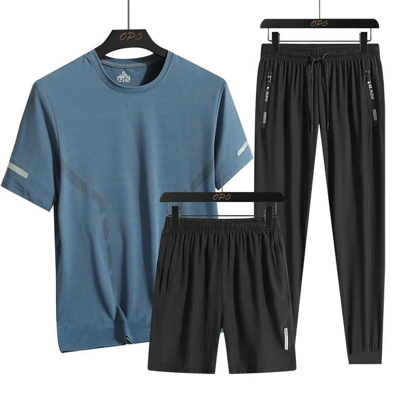 Mens Summer Simple Ice Silk Trendy Personalized Three piece Set with Round Neck Tshirt Shorts Pants Loose Sports 250220
