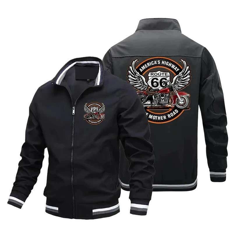 Retro printed motorcycle Route 66 driver jacket for men, red, street fashion, riding, race windshield