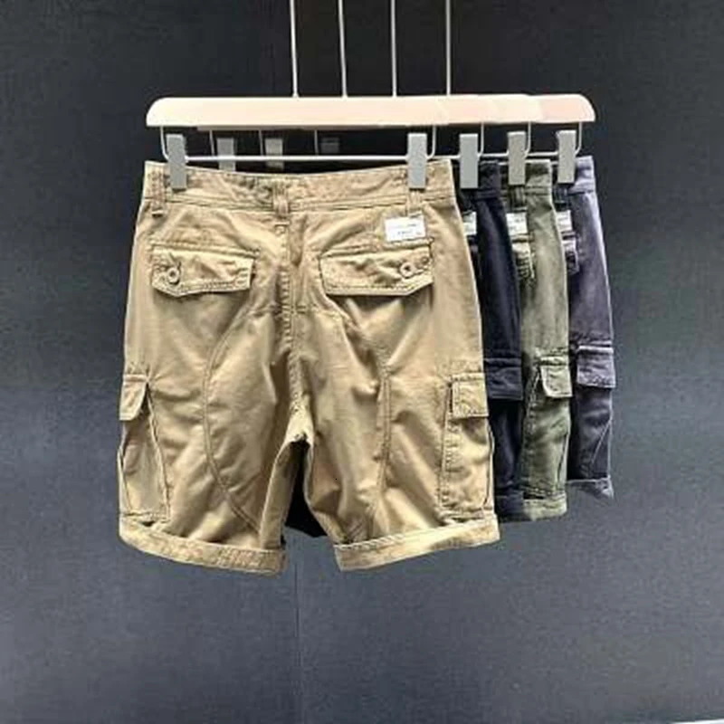 Mens Cargo Shorts Pockets Zipper Button Solid Bermuda Short Pants for Men Strech Wide Jogger Y2k Knee Length Cotton Khaki 250220