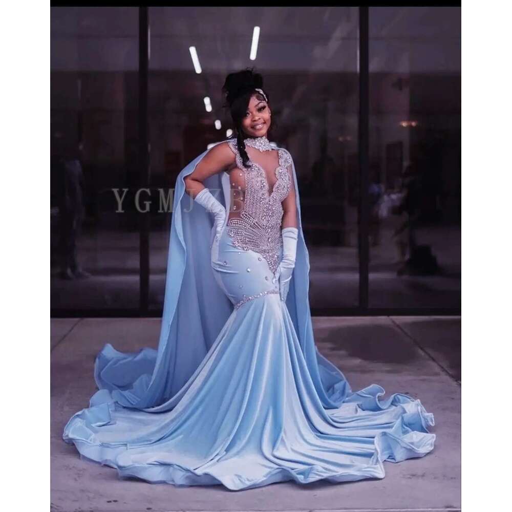Blue Veet Long Prom Dresses 2025 Black Girls Bead Rhies With Cape Formal Evening Party Birthday Gown Graduation 0220