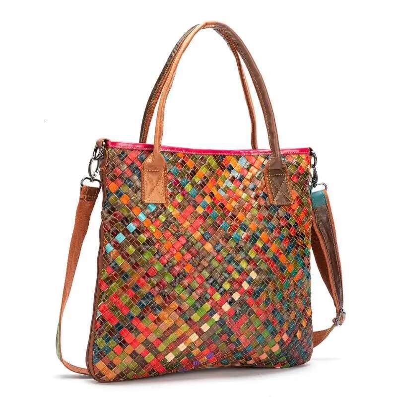 LOMANTINA Ultra Slim Genuine Leather Woven Knitting Ladies Large Purses And Handbags Women Designer Tote Travel Bags