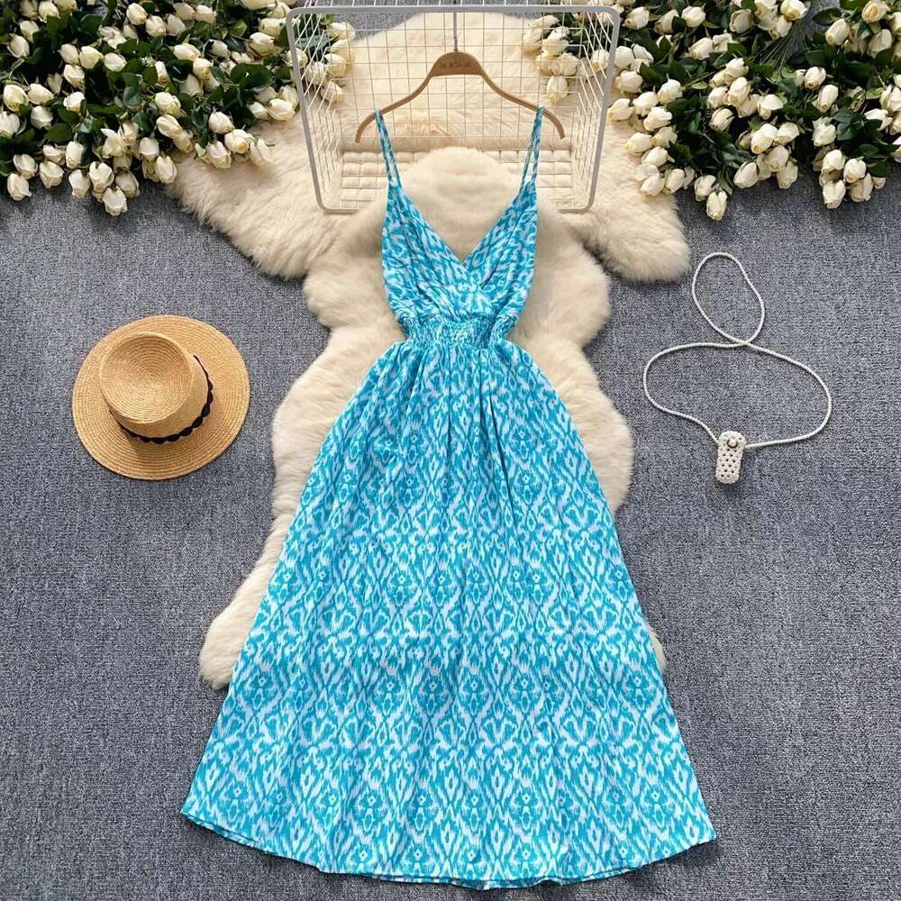 2025 New Print Sexy V Neck Dress Straps Swinging Collar Backless Leopard Elegant Ladies Vacation Beach Party Sundress