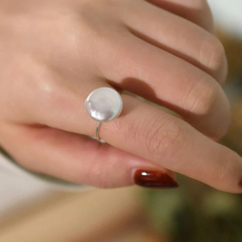 100% Natural Bright FreshWater Round Button Baroque Pearl Ring S925 Sterling Silver Simple Adjustable Ring Ladies Exquisite Gift 250218