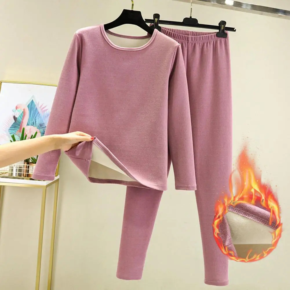 2 PcsSet Winter Top Pants Set Plush Round Neck Long Sleeve Elastic Waist Warm Soft Homewear Pajamas Thermal Underwear 250220