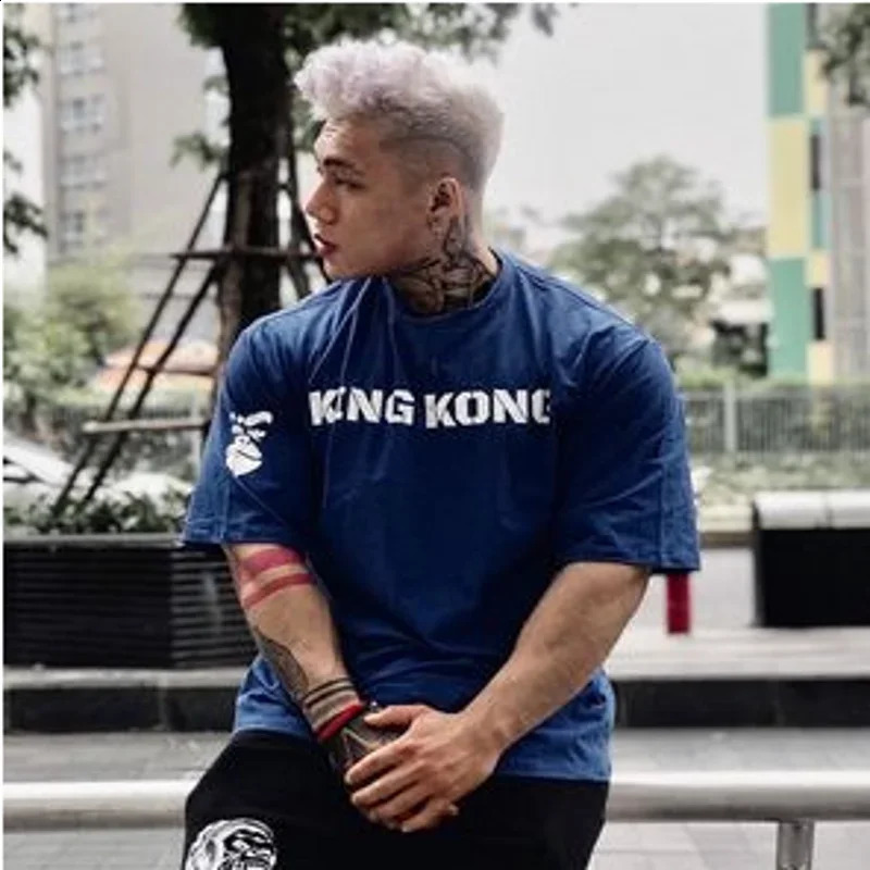 Trendy loose fitting men sports short sleeved Tshirt summer printing pure cotton half sleeve gym running training 250218