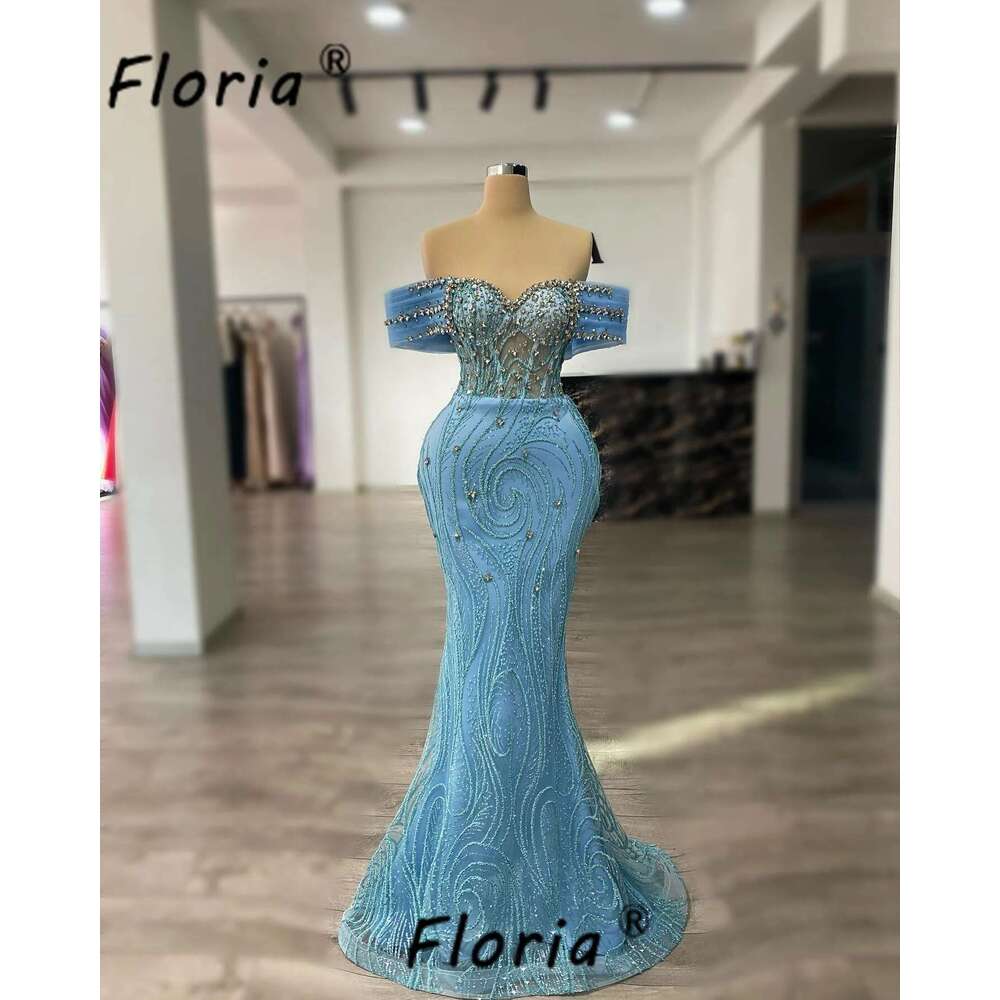 Beads Sexy Mermaid Evening Dresses Crystal Blue Lace Corset Woman Party Prom Gow Paillet