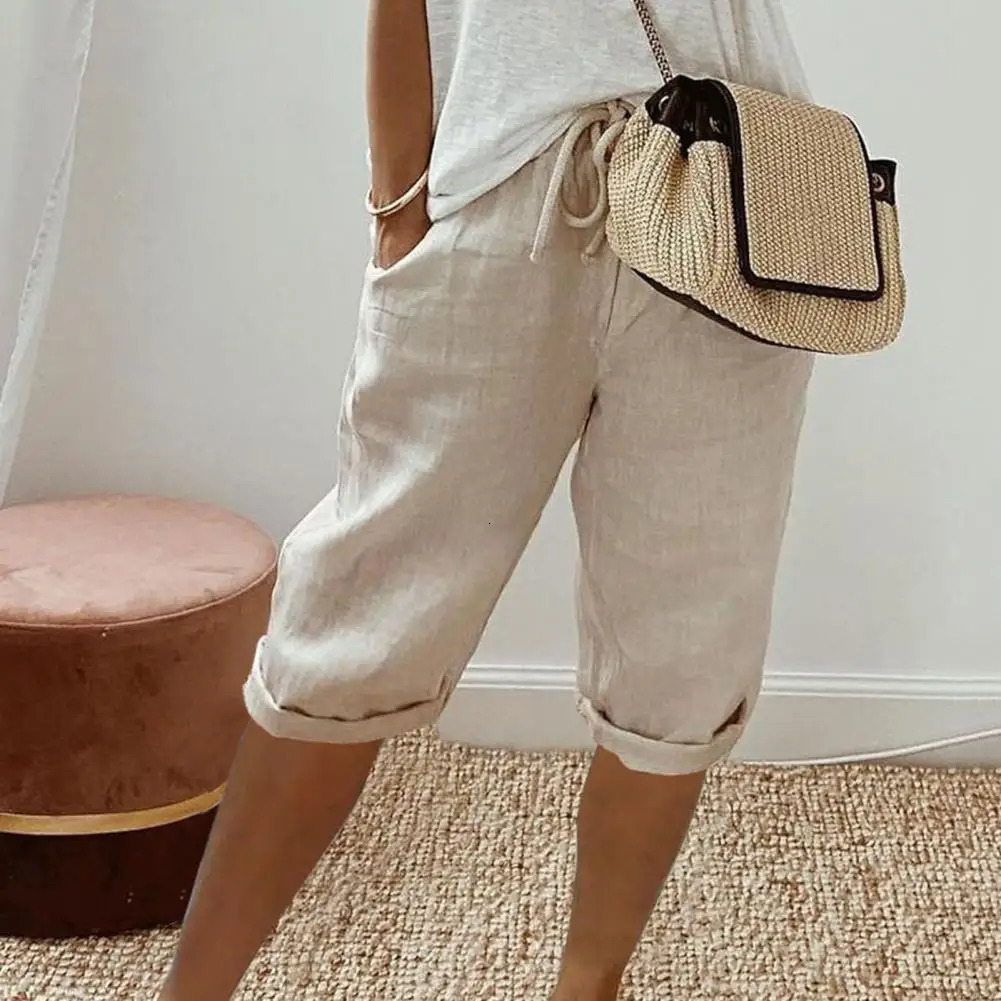 Womens Shorts Vintage Style Loose Drawstring Kneelength Pants for Ladies Breathable Elastic Waist with Pockets A Wardrobe 250214