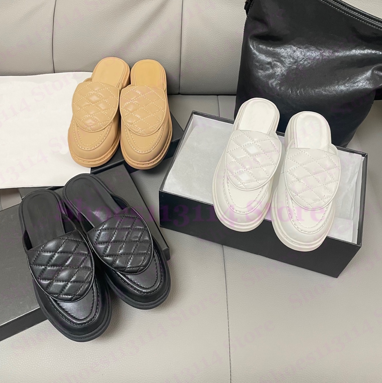 Luxury Half Slippers Designer Genuine Leather Quilted Loafer Mule Womens Dress Shoes Loafers Ladies Moccasin Casual Buckle Flat Soft Leather Black Shoe