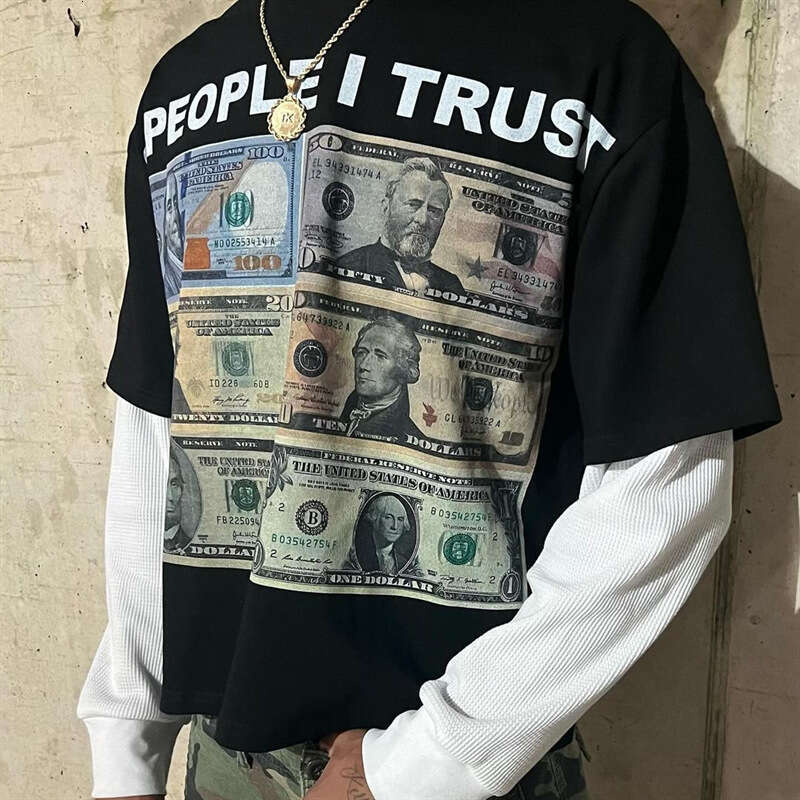 Round neck long sleeved T-shirt, hip-hop street trend printed pattern, fake two loose casual outfits