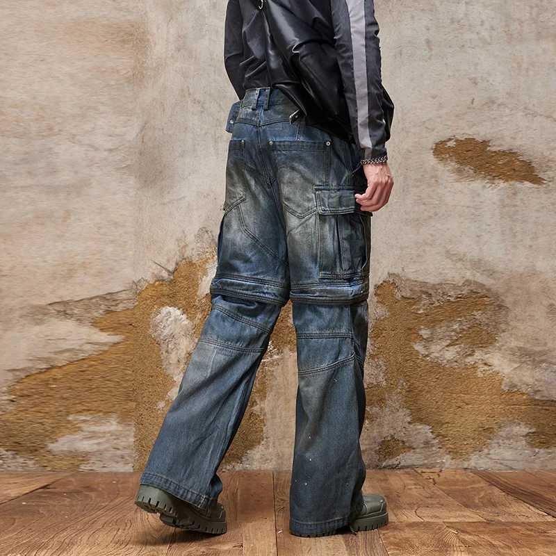 American-Style Multi-Pocket Jeans Mens Retro Nostalgic Loose Street Straight Wide Leg Hip Hop Trend Zipper Detachable Trousers X250220