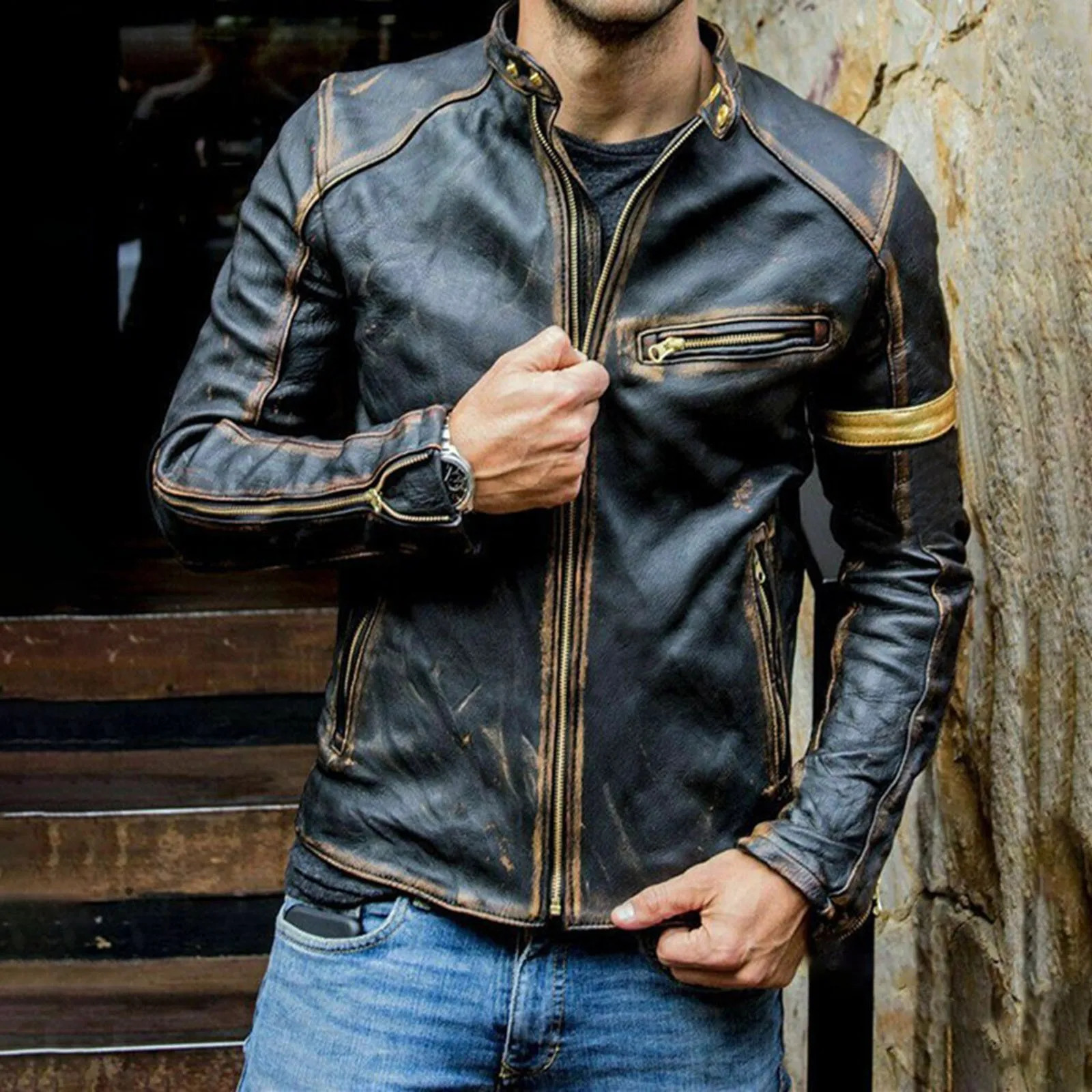 Mens Biker Leather Jacket Stand Collar Punk burgundy Motorcycle Zipper handsome Autumn Winter Coat Leatherwear Outerwear Male 250210