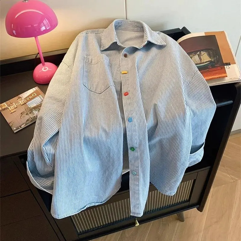 Vintage denim striped oversized shirt beautiful womens promotion collar spring long sleeved top 250220