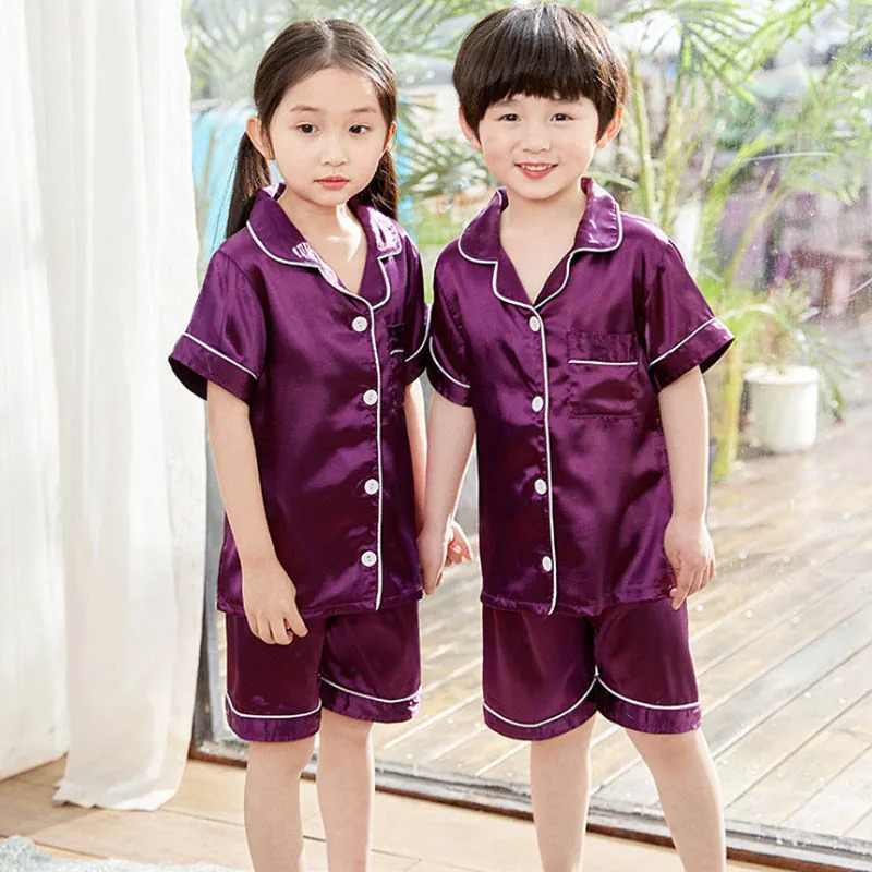 Children Pajamas Sets Satin Silk Boy Pijama Toddler Girl Pyjama Navy Blue Night Clothing Kids Lounge Wear Summer Short Pjs 250219