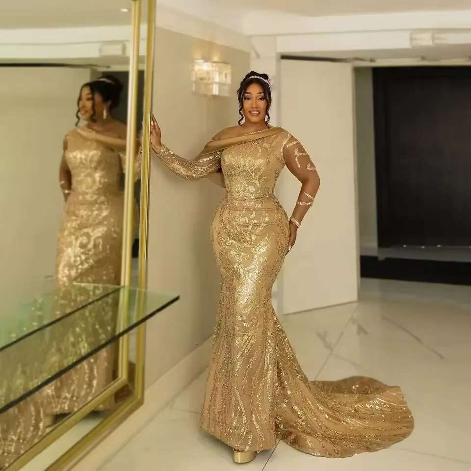 Gold Sparkg Long Sleeves Mermaid Prom Dresses African Women Aso Ebi Evening Birthday Party Gowns Customized
