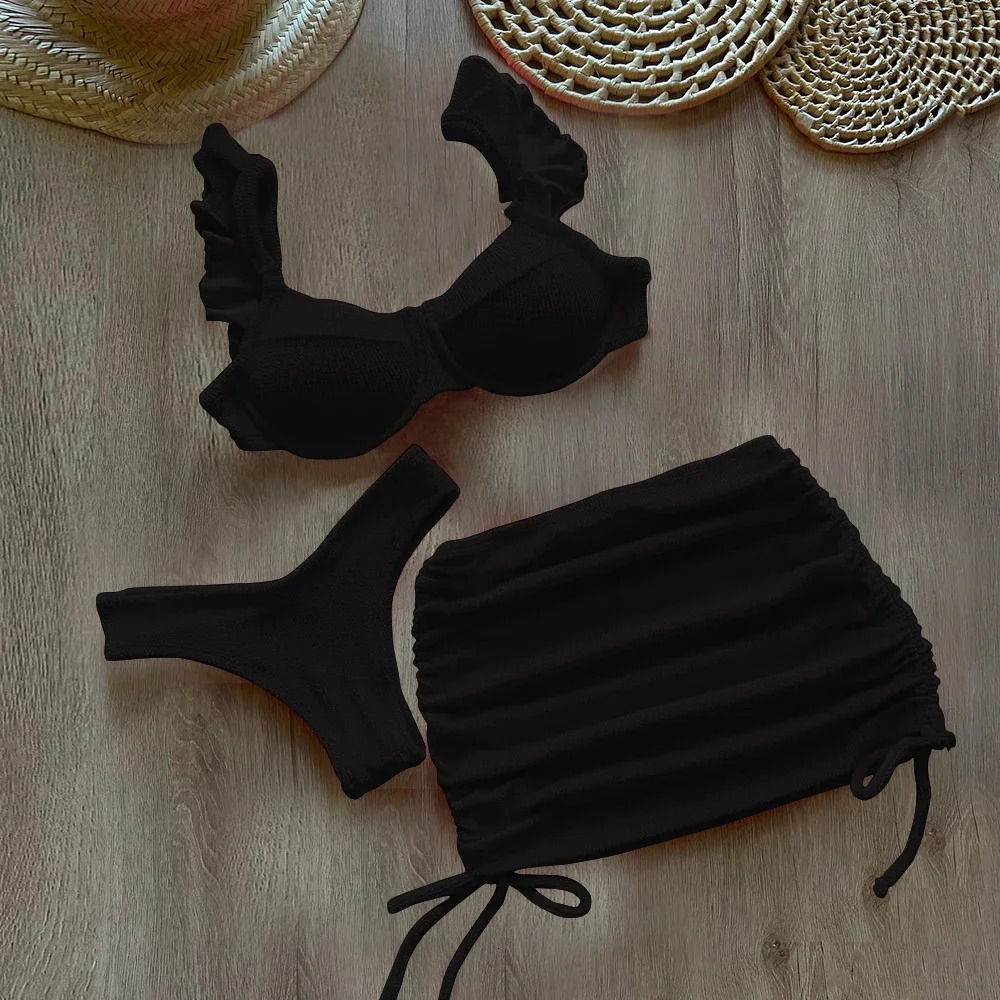 Solid Wavy Fabric Low Waist Bikini Set Cover Up Swimsuit For Women Push Ruffle Three Pieces Swimwear 2025 Beach Bathing Suits 250212