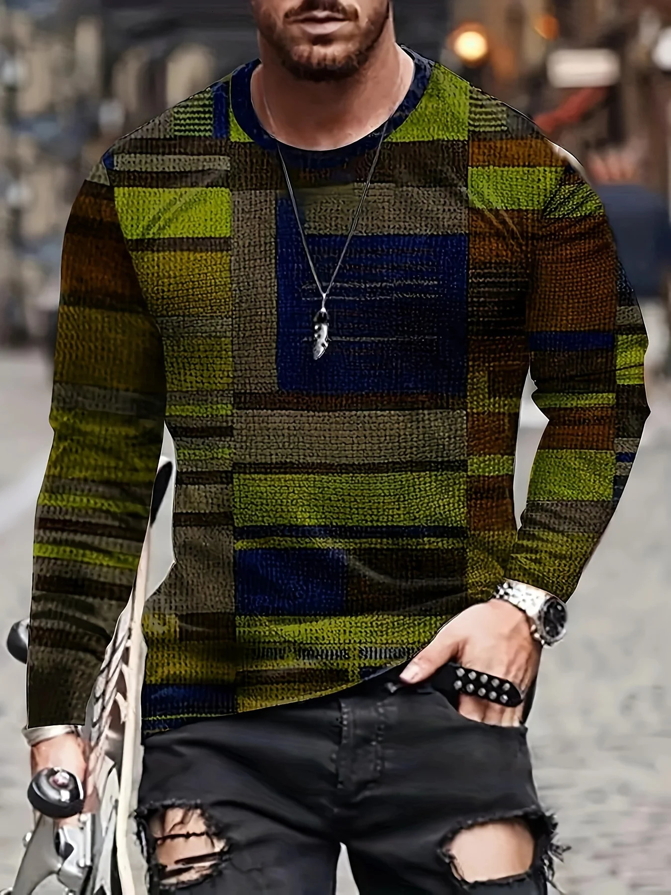 Fashion Mens Colorful Irregular Plaid Pattern Round Neck Longsleeved Tshirt Spring And Autumn Outdoor Sports Tops Tee 250213