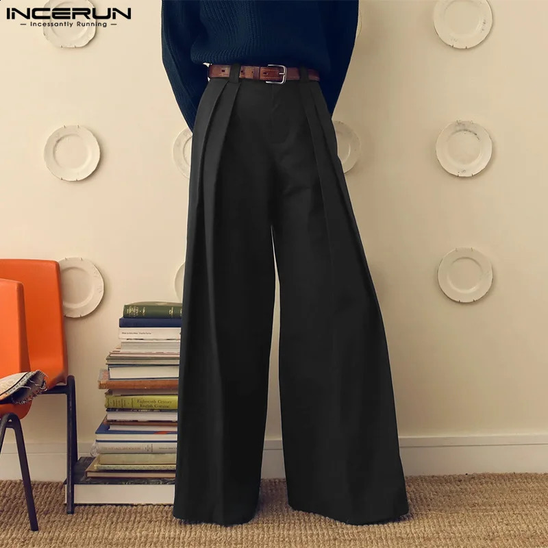 INCERUN Mens Wide Leg Pants Solid Color Button Joggers Loose Pleated Casual Trousers Men Streetwear Fashion Long Pants S-5XL 250220