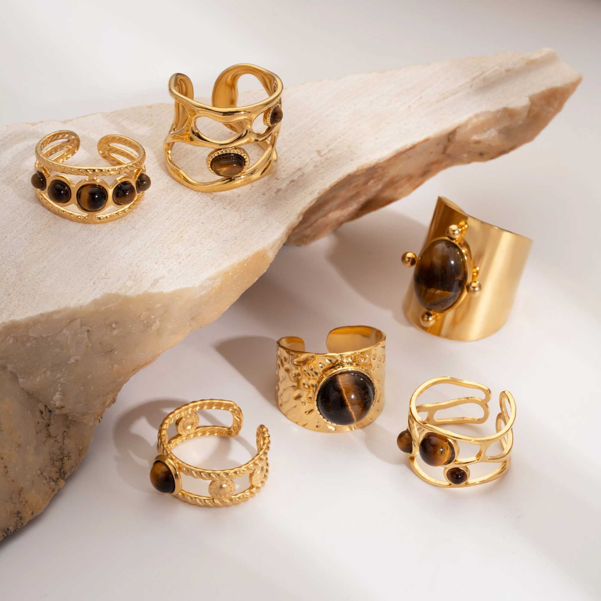Creative Gold Plated Stainless Steel Rings for Wen Simple Geetric Round Natural Stone Finger Ring Boho Vintage Jewelry Gift X250220