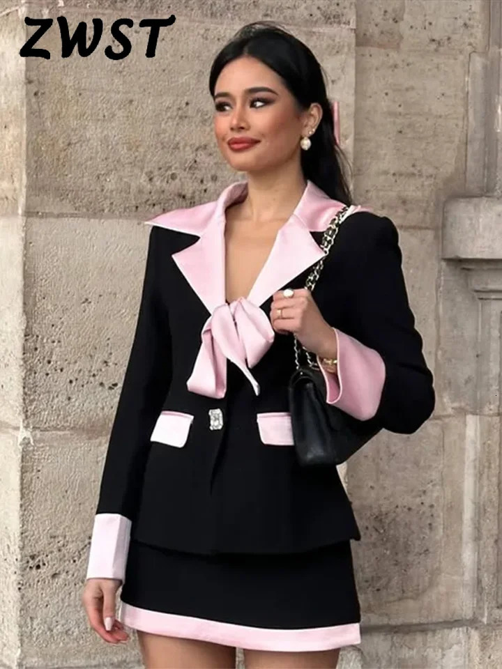 Contrast Patchwork Women Top Set High Waist Hip Package Lady 2 Pieces Suit Elegant Office Lace Up Bow Female Jacket Sets 250220