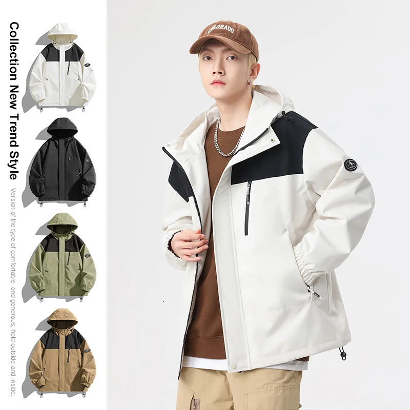Spring Autumn Casual Jacket Men Women Hiking Outdoor Windproof Coats Hooded Jackets Color Matching Zipper Couple Top 250210