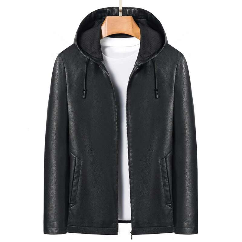 High Quality Hooded Fashion Handsome Trend Solid Color Casual Dad Motorcycle Leather Jacket Upscale M-4Xl