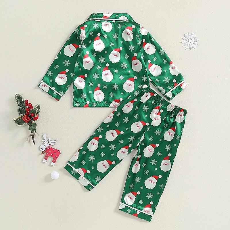 -06-19 Lioraitiin Kid Boy Girl Christmas Pajamas Set Snowman Print Long Sleeve Button Down Tops Elastic Waist Pants Set 250219