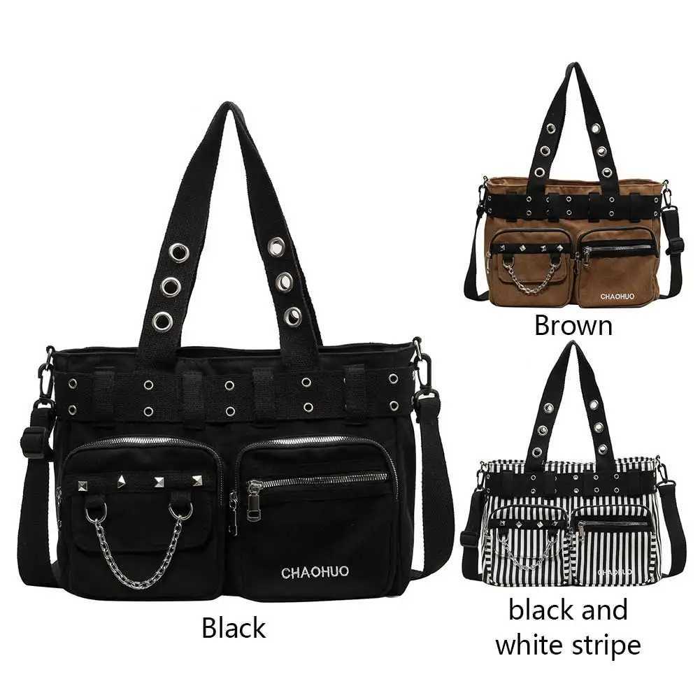 Women Rockabilly Shoulder Bag with Chain Canvas Tote Handbag Zipper Closure Punk Style Sling Bag Female Outdoor Bag Y250218