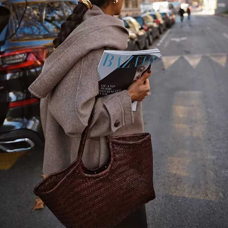 Spring and summer woven french cowhide basket bag rattan woven handbag womens large capacity fashionable casual bag Z250219