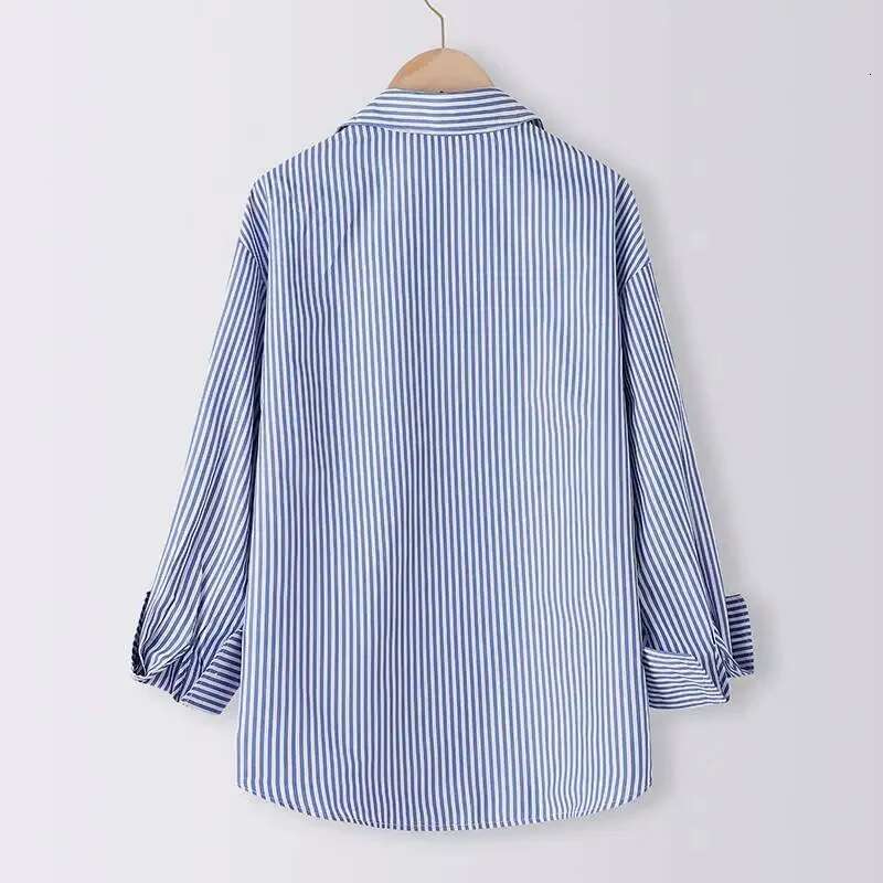 Women Spring Summer Blouses Shirts Lady Fashion Casual Long Sleeve Turn-Down Blue Stripes Blusas Tops