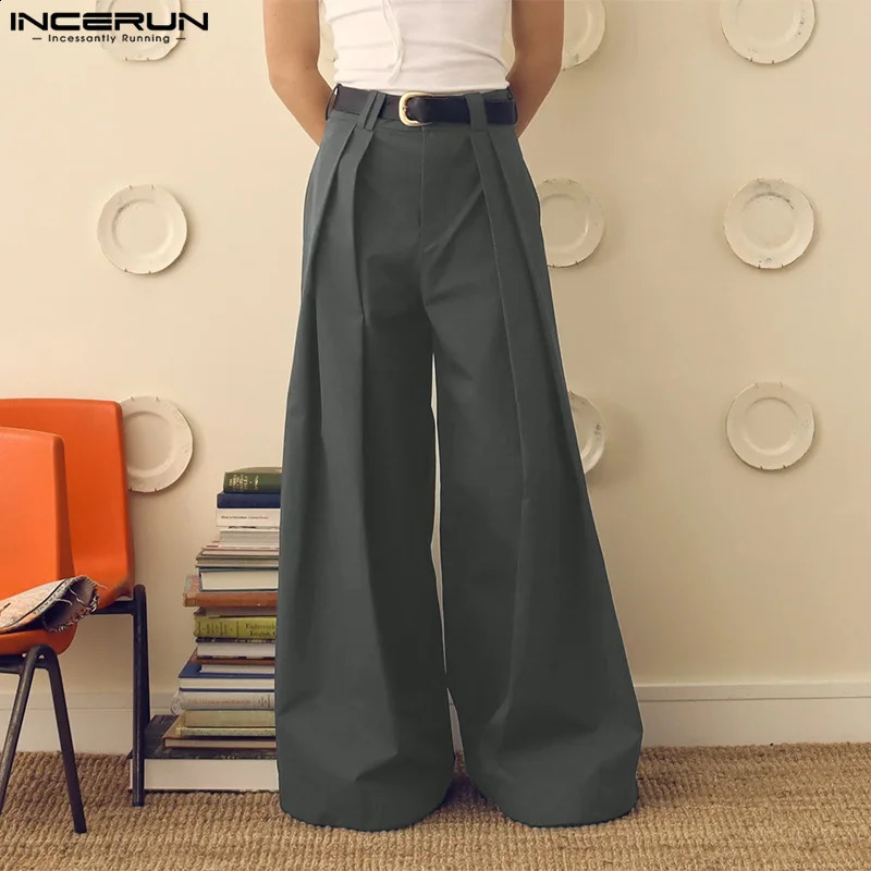 INCERUN Mens Wide Leg Pants Solid Color Button Joggers Loose Pleated Casual Trousers Men Streetwear Fashion Long Pants S-5XL 250220
